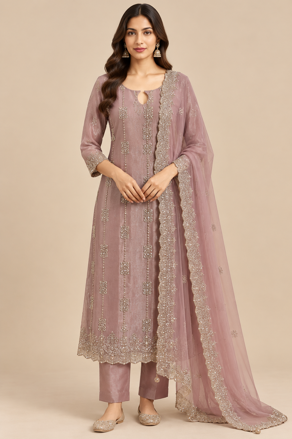 Mauve Pink Embroidered Kurta Pant Set with Matching Dupatta